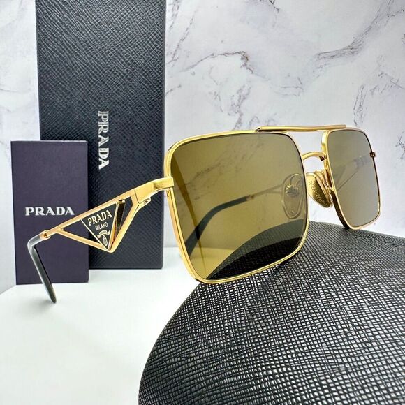 PRADA Sunglasses Gold Metal Square Triangle Black Logo Made in Italy Authentic - Picture 1 of 16